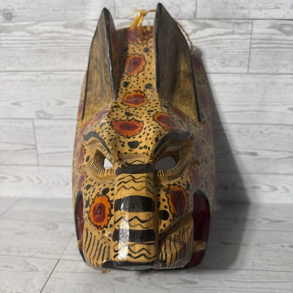 Hand Carved Wooden Jaguar Mask Tribal Painted Folk Art Wall Decor Safari Jungle